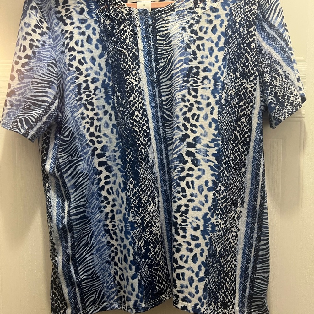 Alfred Dunner Blue and White Animal Print Top with sparkle neckline.